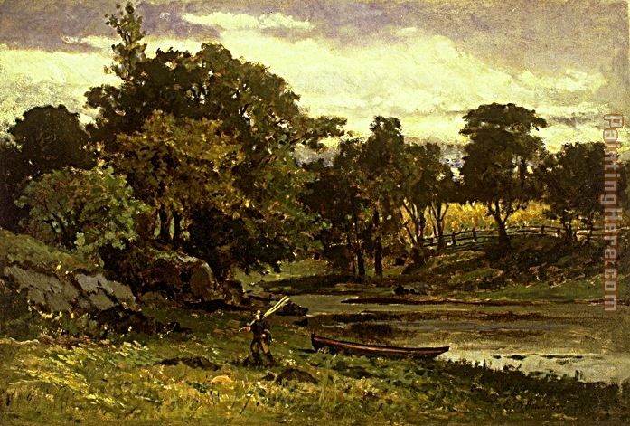 landscape, boat moored near stream, man walking in foreground painting - Edward Mitchell Bannister landscape, boat moored near stream, man walking in foreground art painting
